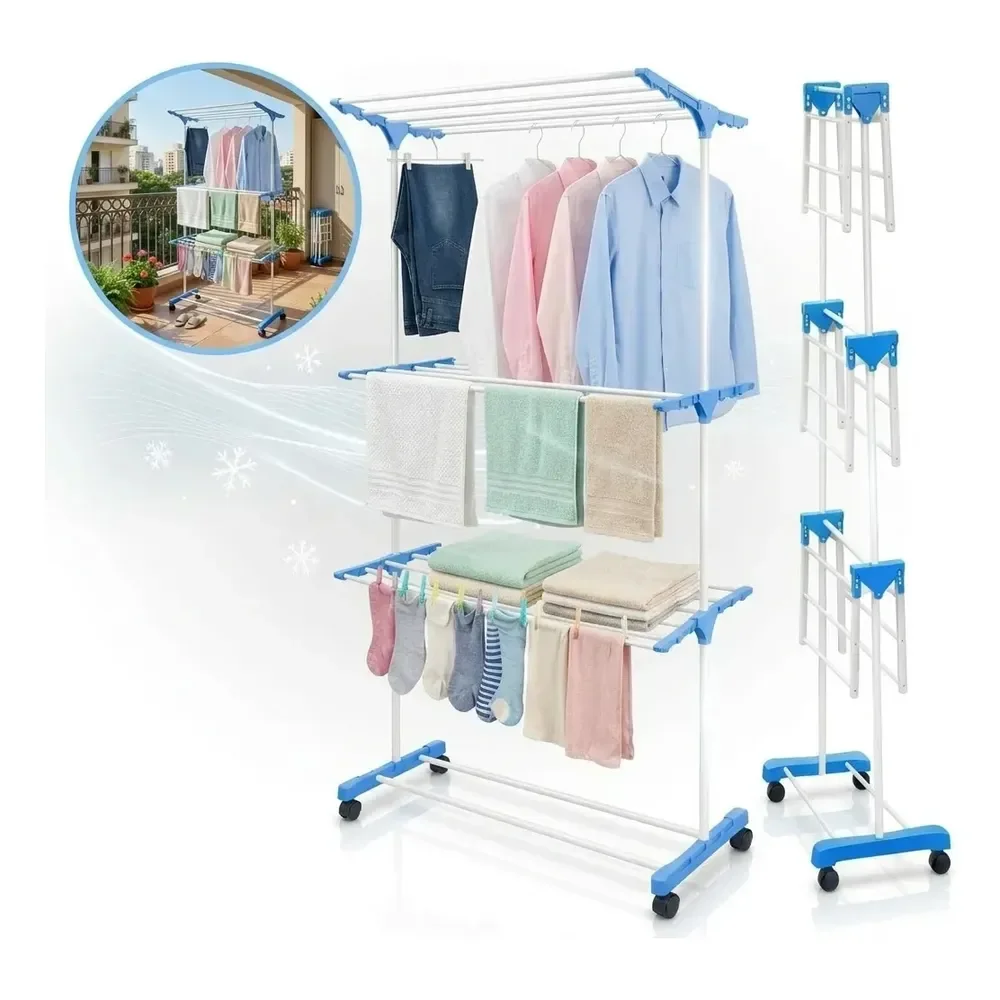Varal De Chão Vertical Dobrável 3 Andares Com Rodas Aço Reforçado Capacidade 40kg Torre Para Secar Roupas Compacto Portátil Multifuncional Para Casa Apartamento Lavanderia - Shokki Azul