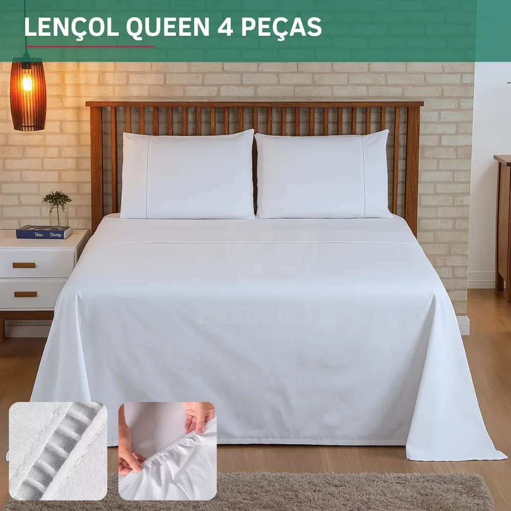 Kit Jogo De Cama Queen 4 Peças Percal 400 Fios Cor Branco Premium