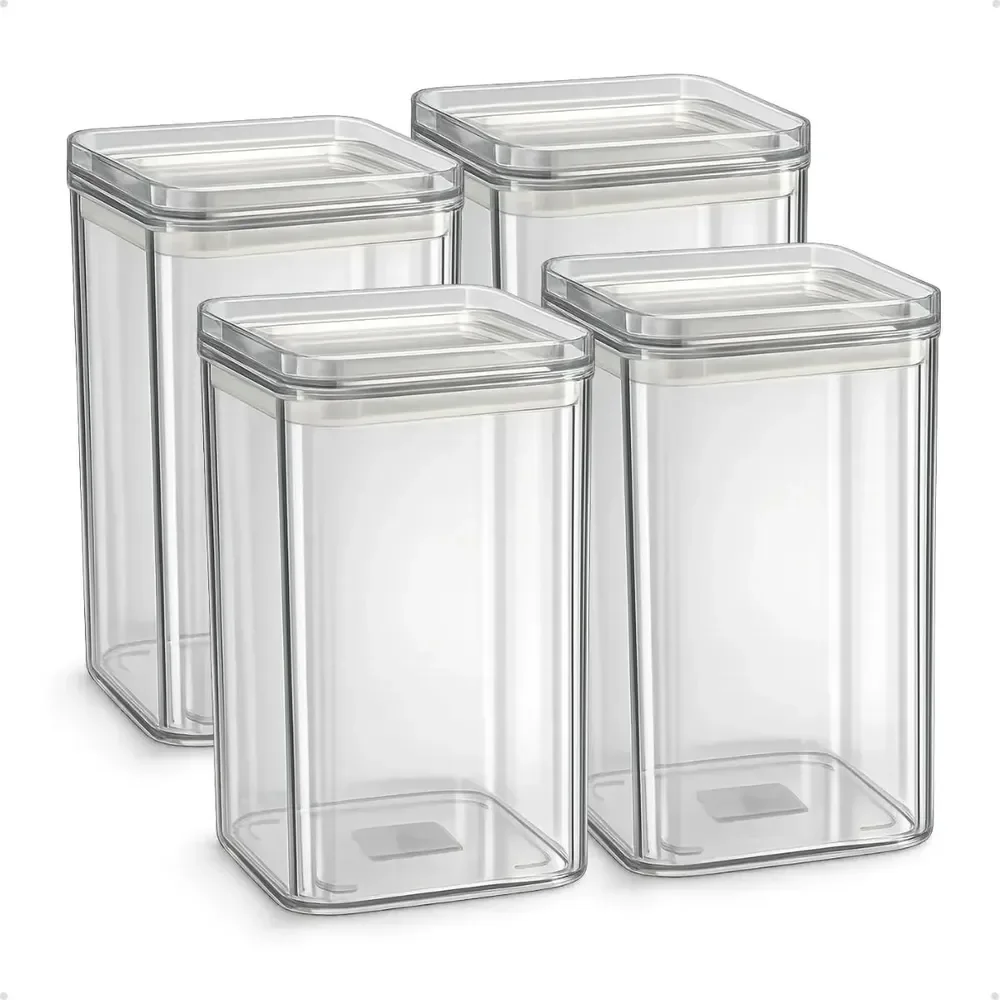 Kit 4 Potes Hermético 1 Litro - Bpa Free Organizador Com Tampa Para Alimentos, Empilhável, Organizadores Para Armário E Cozinha, Mantimentos Transparente