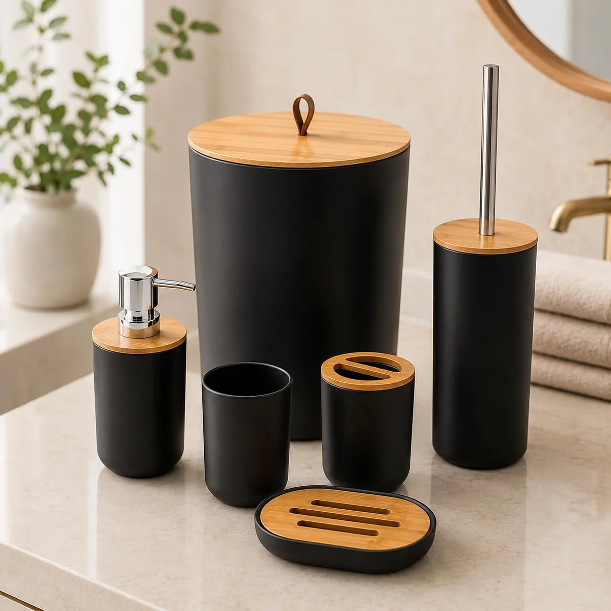 Kit Banheiro Bambu 6 Peças Luxo Completo – Conjunto para Lavabo com Lixeira Tampa Fechada, Dispenser de Sabonete Líquido, Porta Escova, Saboneteira e Copo, Acessórios Modernos Elegantes