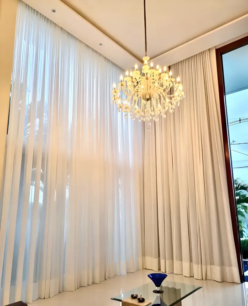 Cortina Linho Flame Gaze Trilho Suíço 4,00x2,80 Sanca Alta Cor Palha Off White