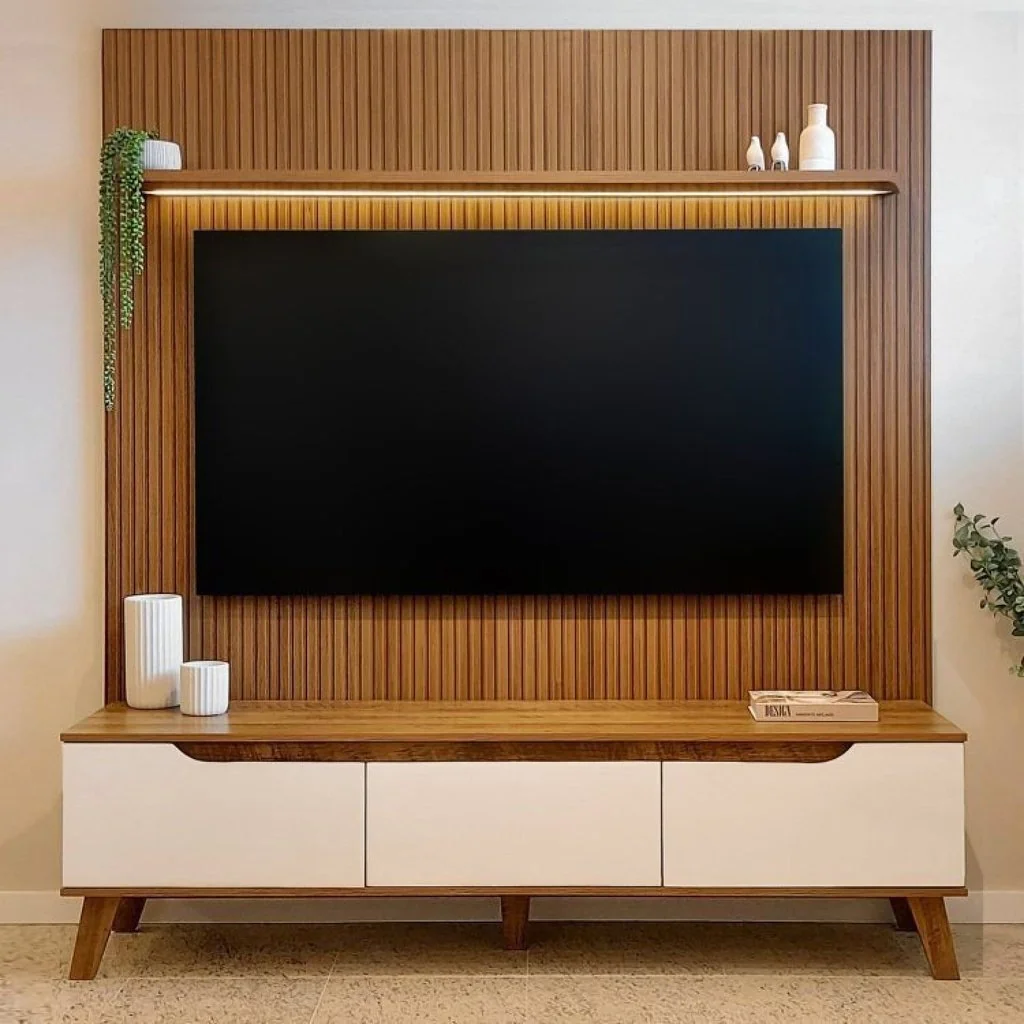 Rack com Painel Ripado para TV até 75 Polegadas com LED MDF 185,5CMX183CM Impressão Ripada 3D Liverp Pinho/Off White