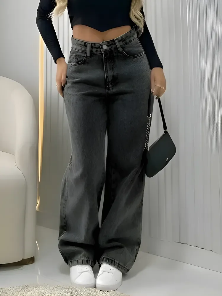 Calça Jeans Wide Leg Feminina Cintura Alta Pantalona Preto Black Marmo Liso 34