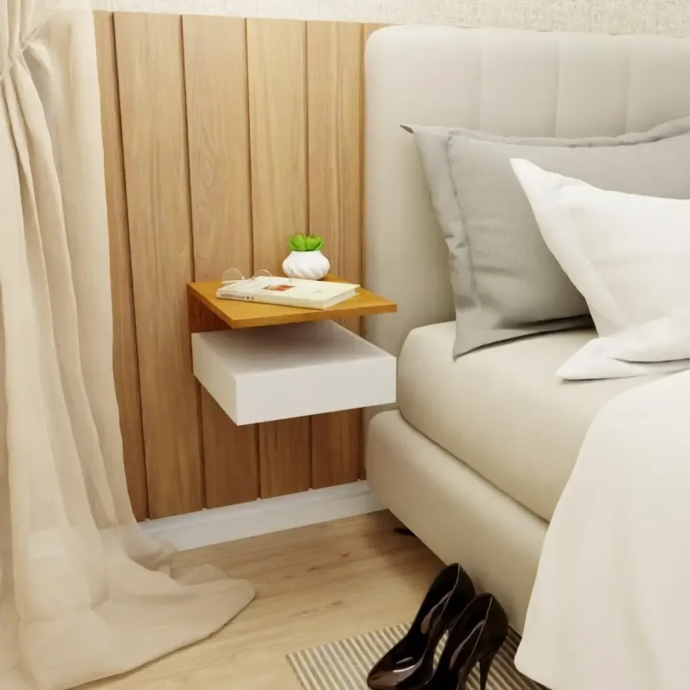 Mesa De Cabeceira Retro Suspenso Mesinha Mdf Branco E Freijó