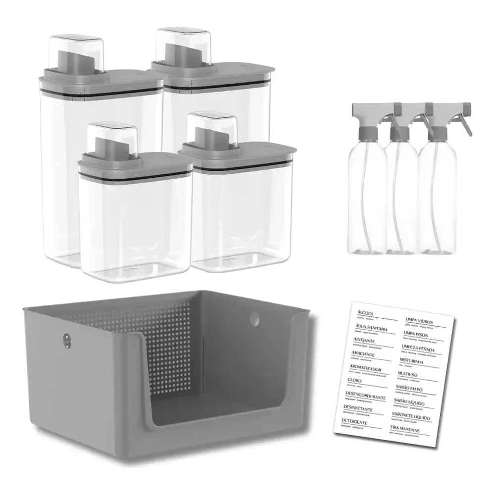 Kit Lavanderia 8 Peças Cesto Dispenser Borrifador Etiquetas Chumbo