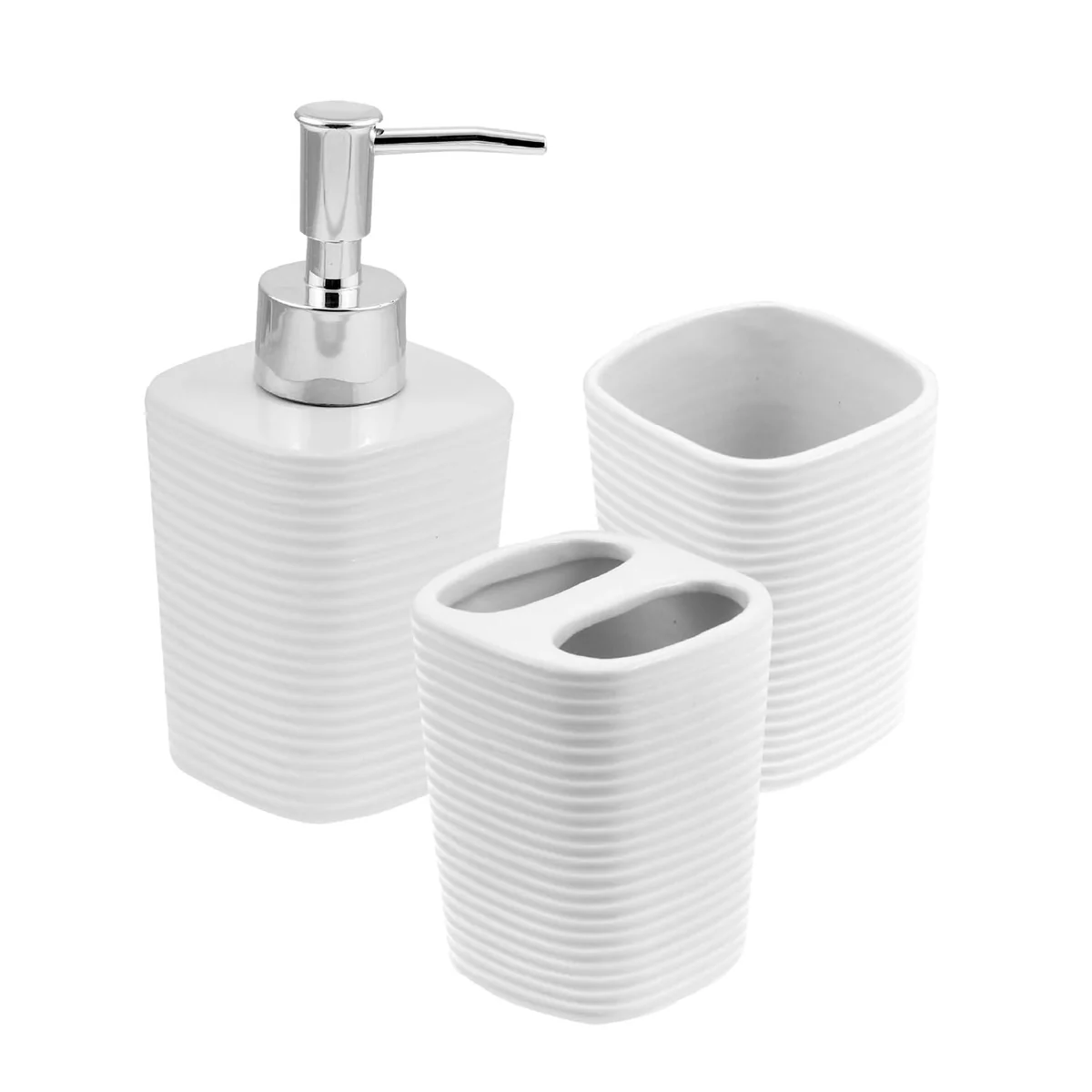 WOLFF - Conjunto 3 Peças para Banheiro Lines Branco - 1 Porta Sabonete Líquido, 1 Porta Algodão e 1 Porta Escovas