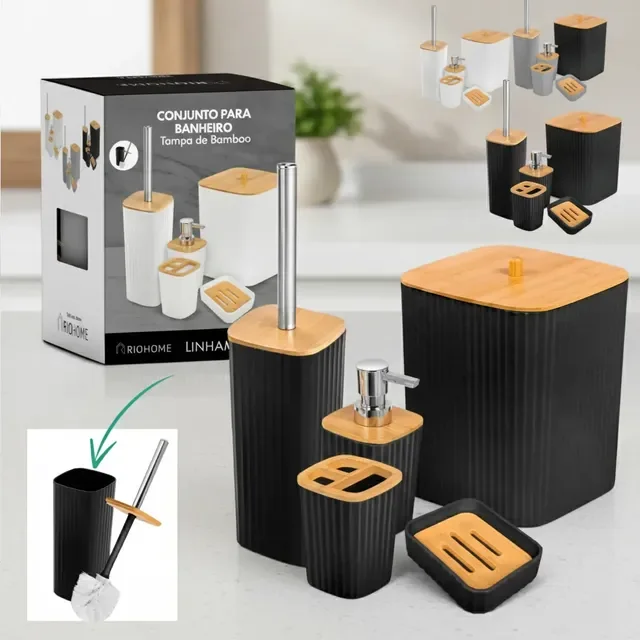Kit Conjuto Acessórios P/ Banheiro Lavabo Luxo 5 Peças Bambu