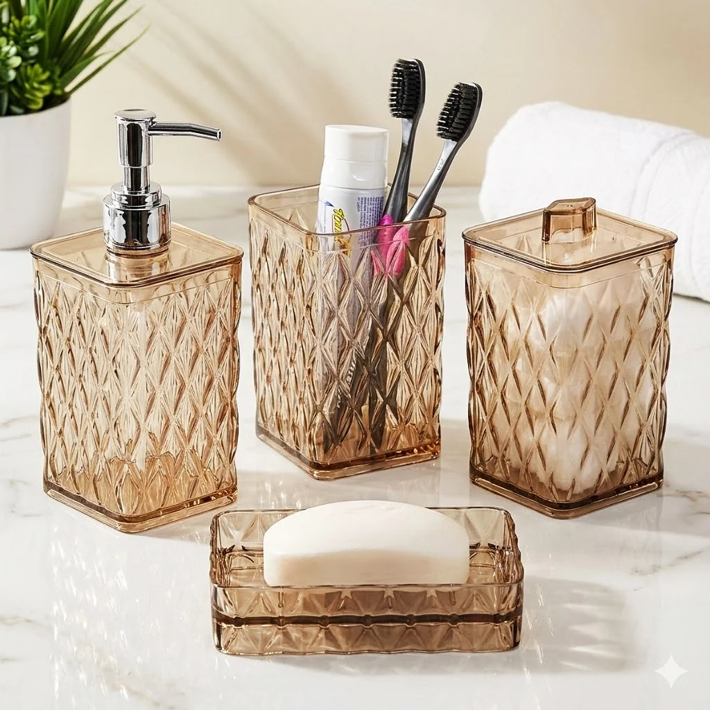 Kit de Banheiro 4 Itens Lavabo Glamour Ambar Plasútil Utilidades Decoração Organiza