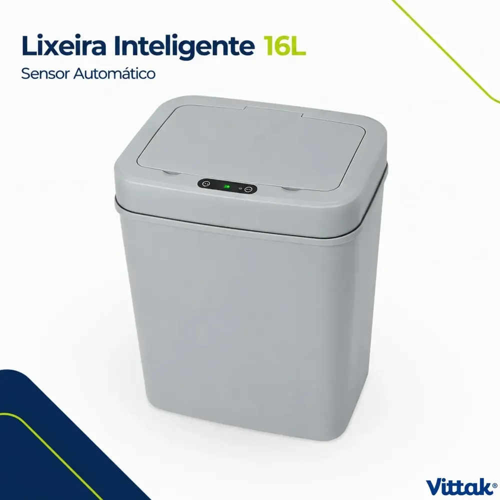 Vittak Lixeira Inteligente 16 L Com Sensor Automático Para Cozinha E Banheiro Cinza Com Pilhas Inclusas