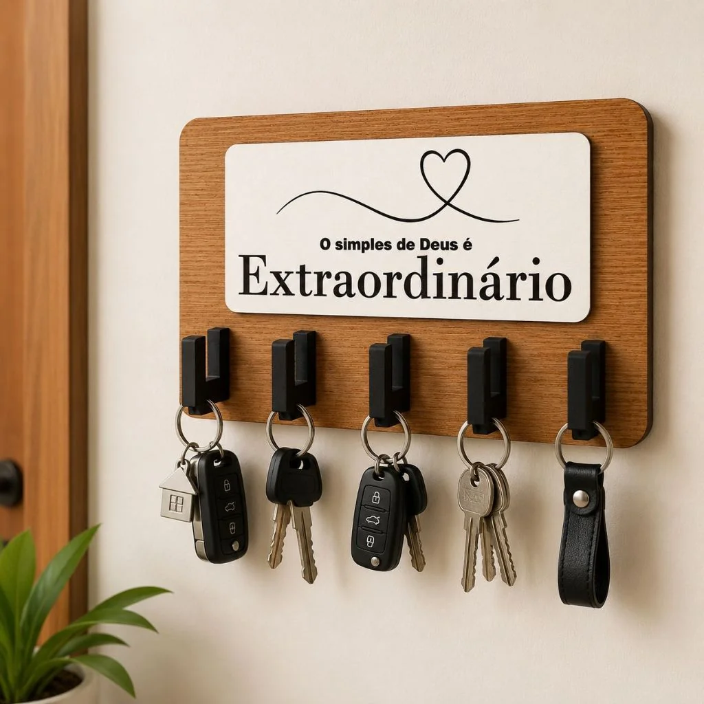 Porta Chaves Parede MDF Decorativo Frase Gravada Laser Organizer 5 Ganchos Entrada Casa Presente