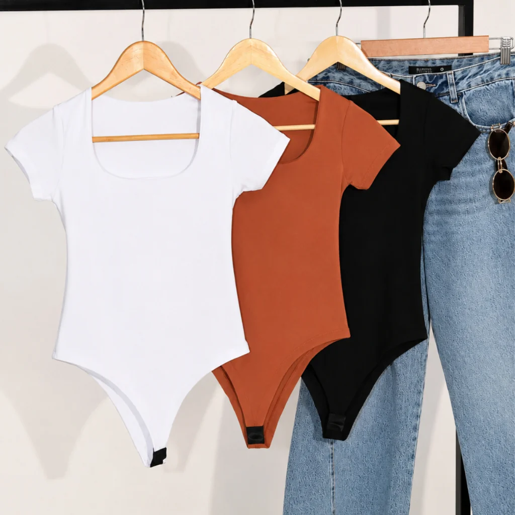 Kit 3 Body Feminino Decote Quadrado Manga Curta Tecido Suplex Moda Verão Tendência