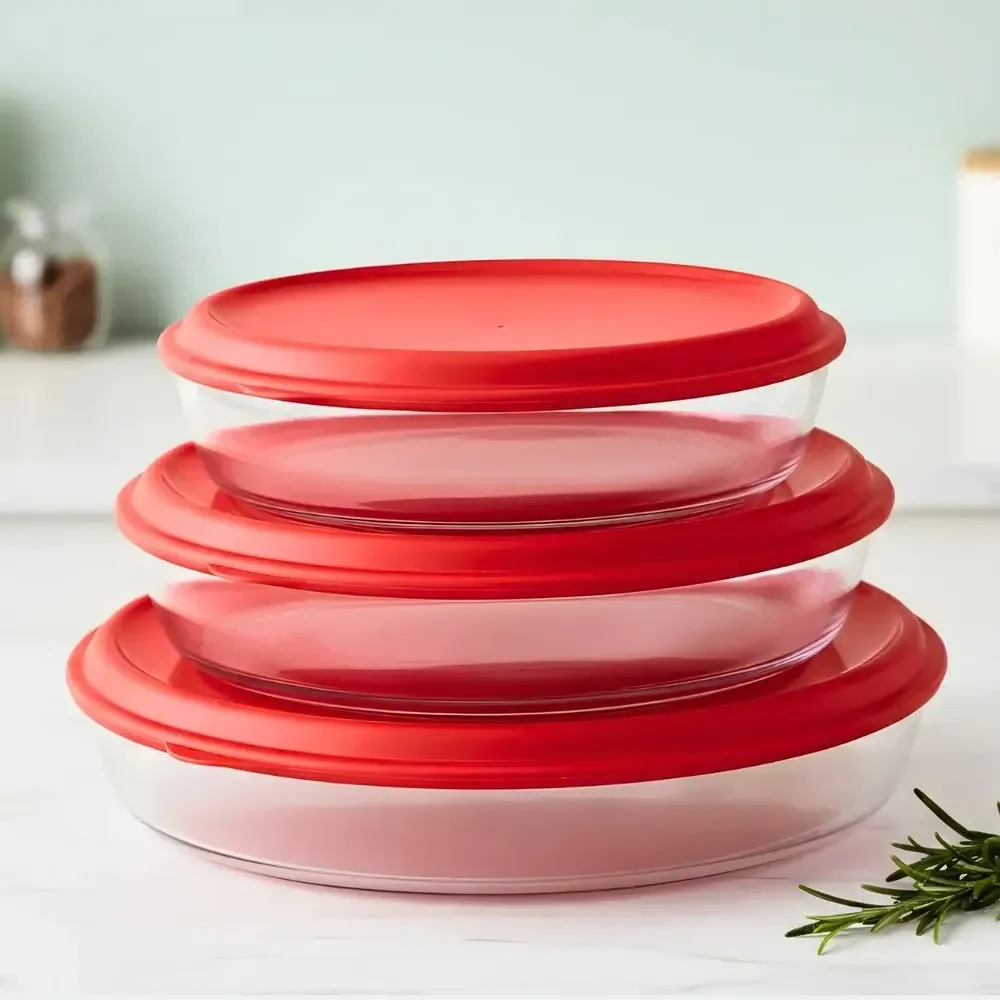 Kit Assadeiras Vidro Tampa 3 Peças Casa Cozinha Ruvolo Vermelho