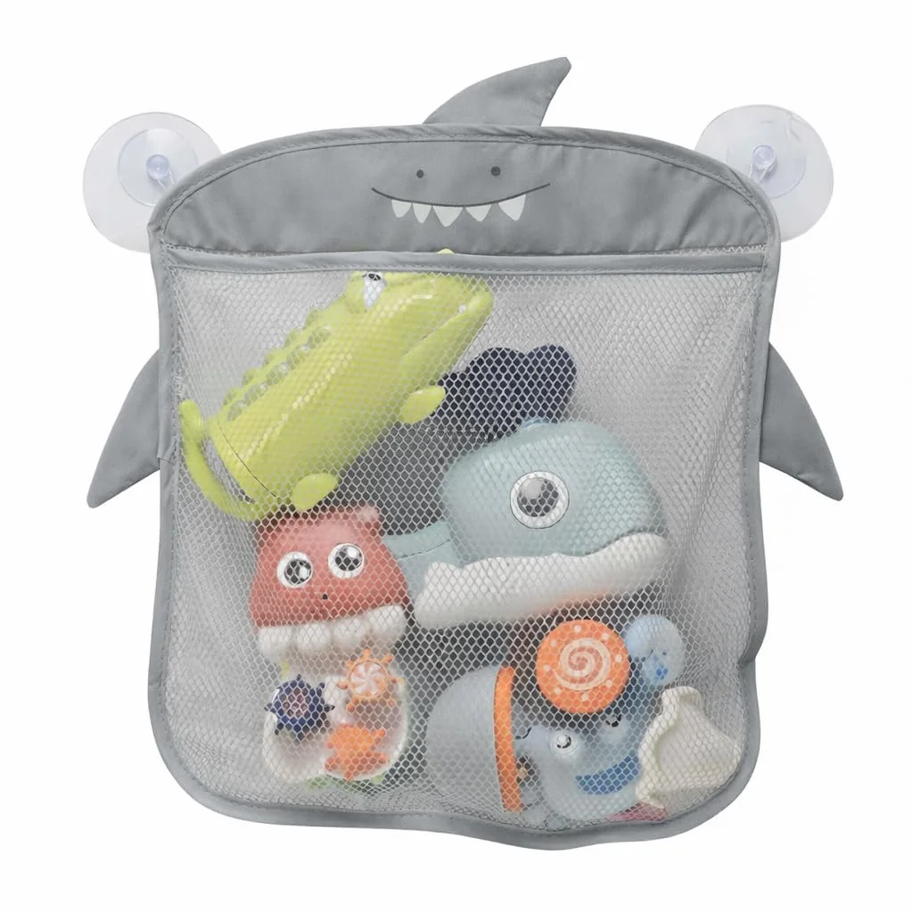 Organizador Multiuso Infantil de Brinquedos com Ventosa para Banheiro e Quarto – Prático, Dobrável e Ideal para Hora do Banho (Cinza (Tubarão))