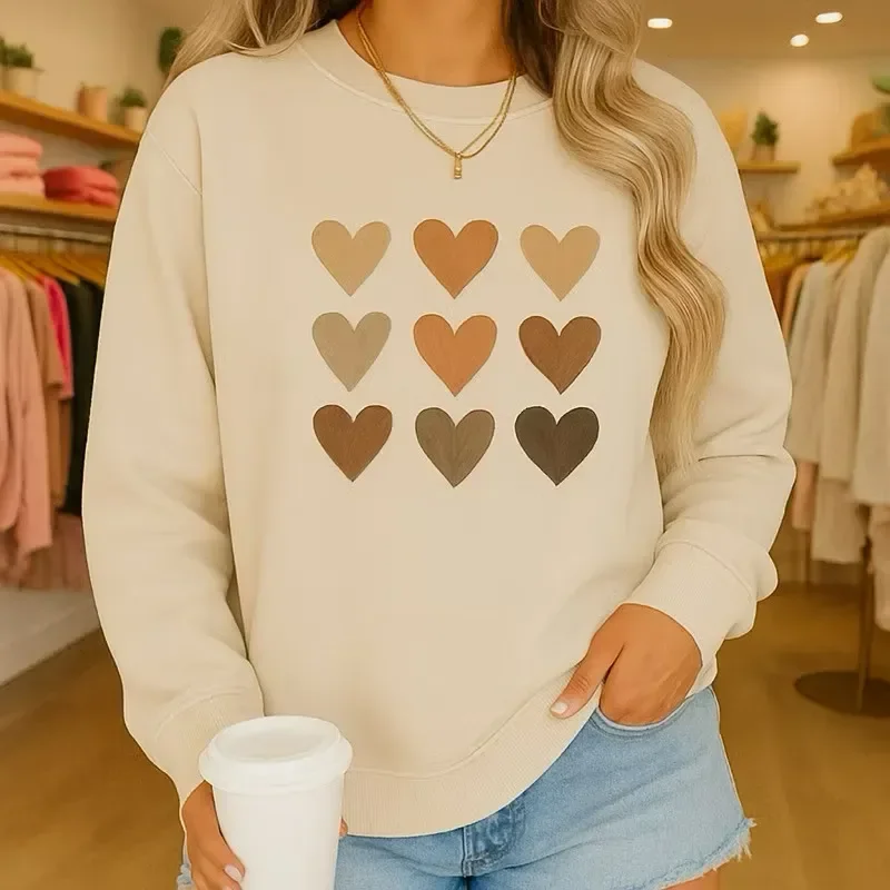 Moletom Feminino Gola Careca Blusa De Frio 9 Corações Estilo Gg Bege