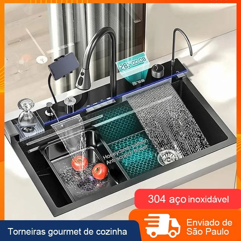 Cuba Gourmet Pia Aço Inox 304 Cozinha Cascata Smart Multifuncional Pia Inteligente Premium Completa
