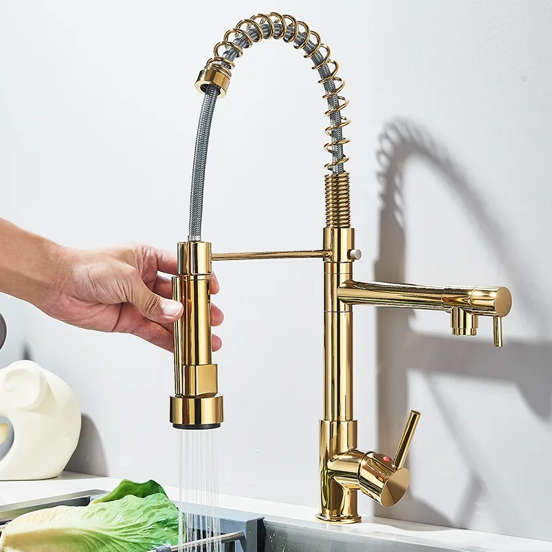 Torneira Cozinha Gourmet Monocomando Com Spray Extensor Dourado
