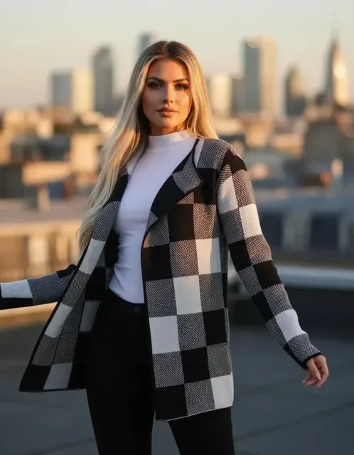 Casaco Xadrez Tricô Cardigan Inverno Manga Longa Feminino