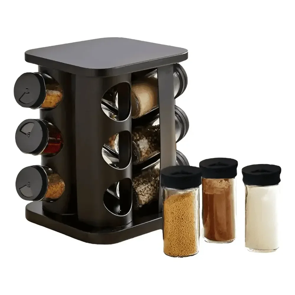 Porta Temperos Giratório Preto Em Casa Tem com 12 Potes Vidro 85ml