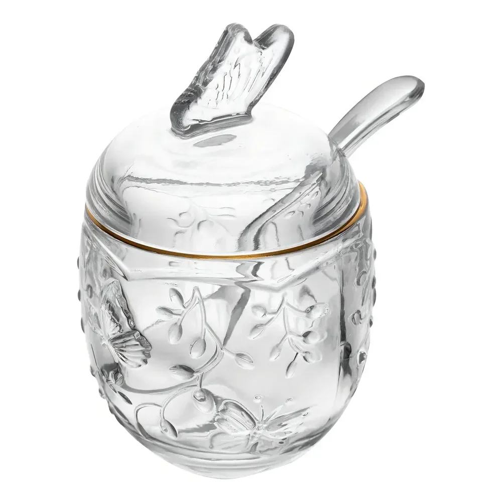 Açucareiro Com Colher New Butterfly Com Fio De Ouro 250ml Cor Incolor