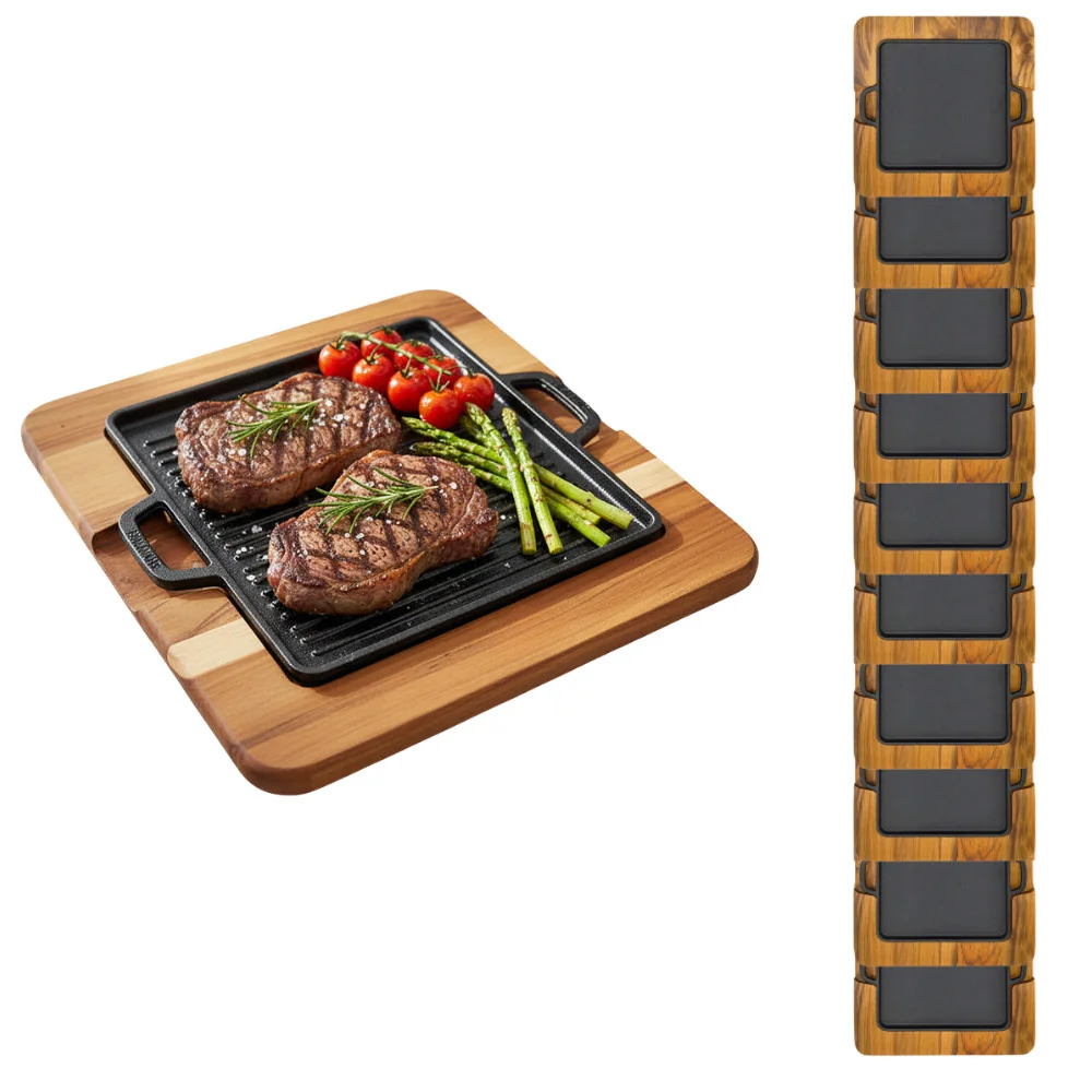 Kit 10 Tábuas Churrasco Madeira Nobre + Chapa Ferro Fundido 30x30cm