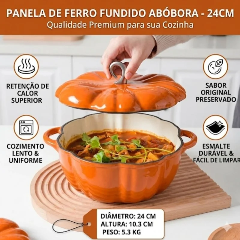 ​Panela de Ferro Fundido Esmaltada Formato Abóbora Laranja 24cm - Alta Retenção de Calor