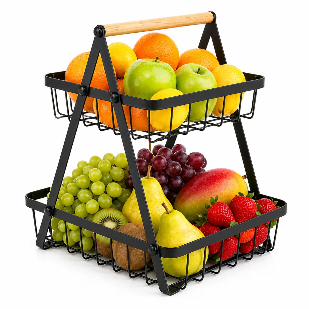 Vittak Fruteira Dupla De Mesa Aramada Cesta De Frutas Organizadora com 2 Prateleiras de Metal 33cm