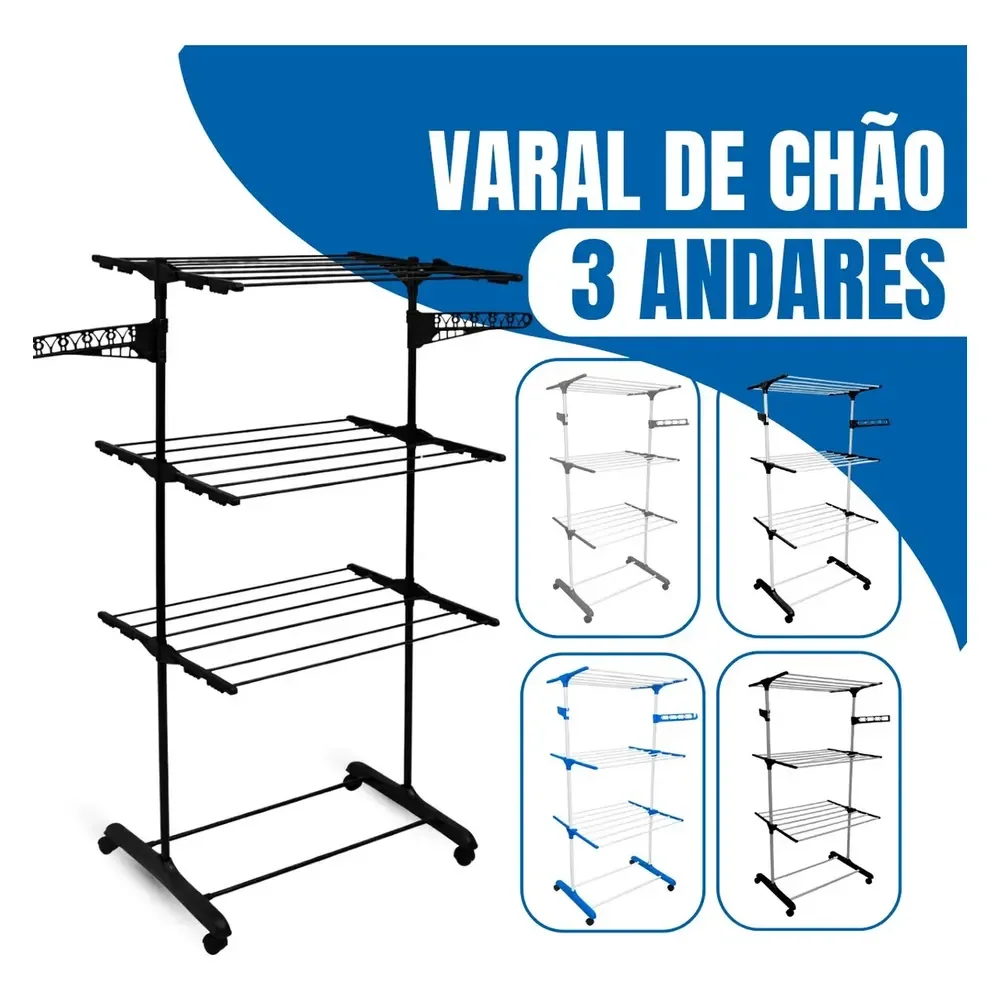 Varal De Chão Epsilon 3 Andares Dobrável Com Rodas Preto/preto