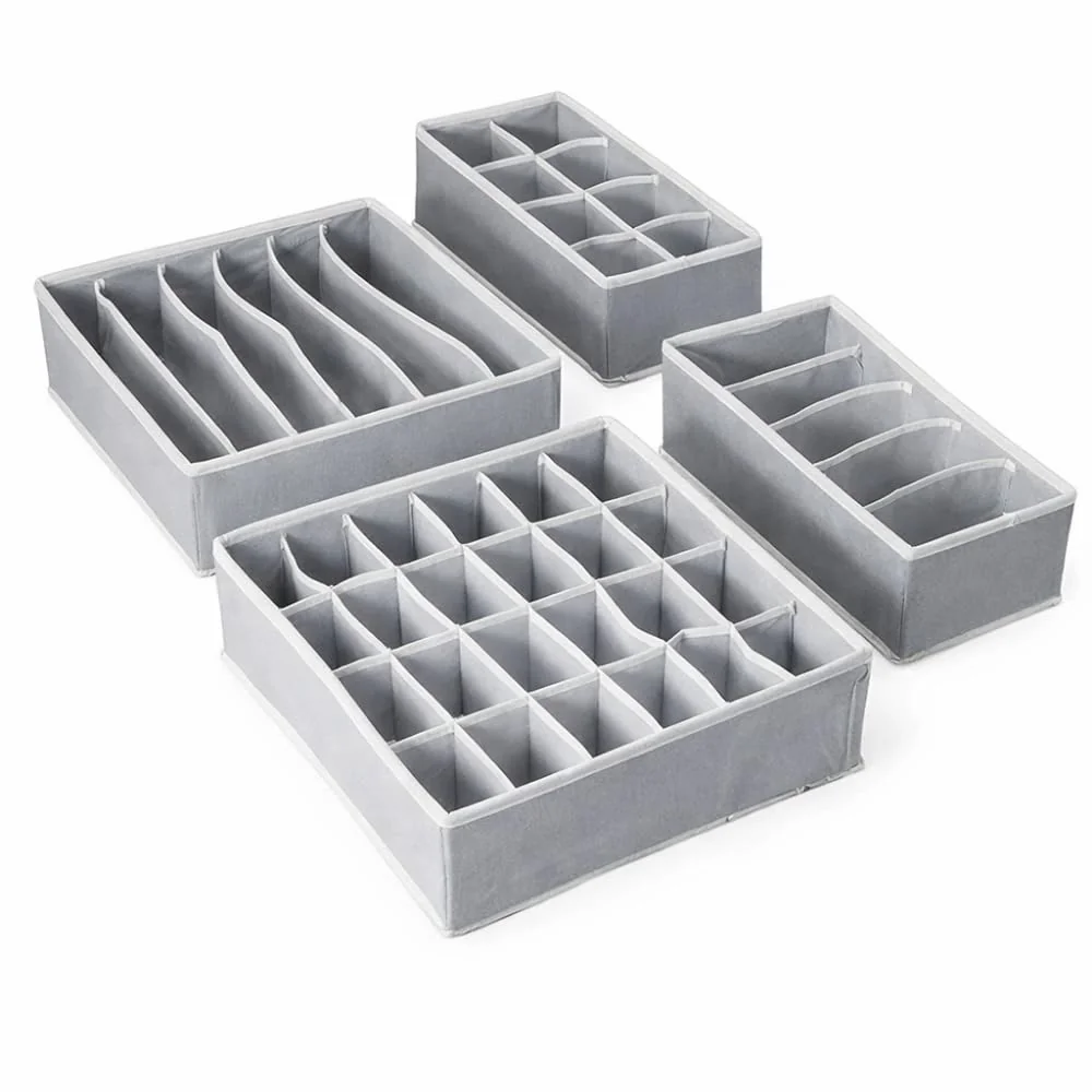 Kit 4 Organizadores de Gaveta para Roupas Íntimas, Colmeia em TNT Cinza Dobrável com 24, 8, 7 e 6 Divisões para Meias e Sutiãs (Cinza)
