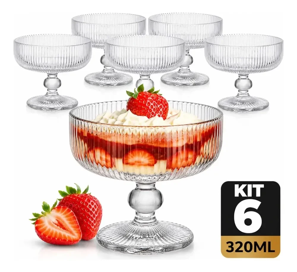 Conjunto 6 Taças Vidro Canelado Sobremesa Luxo 320ml