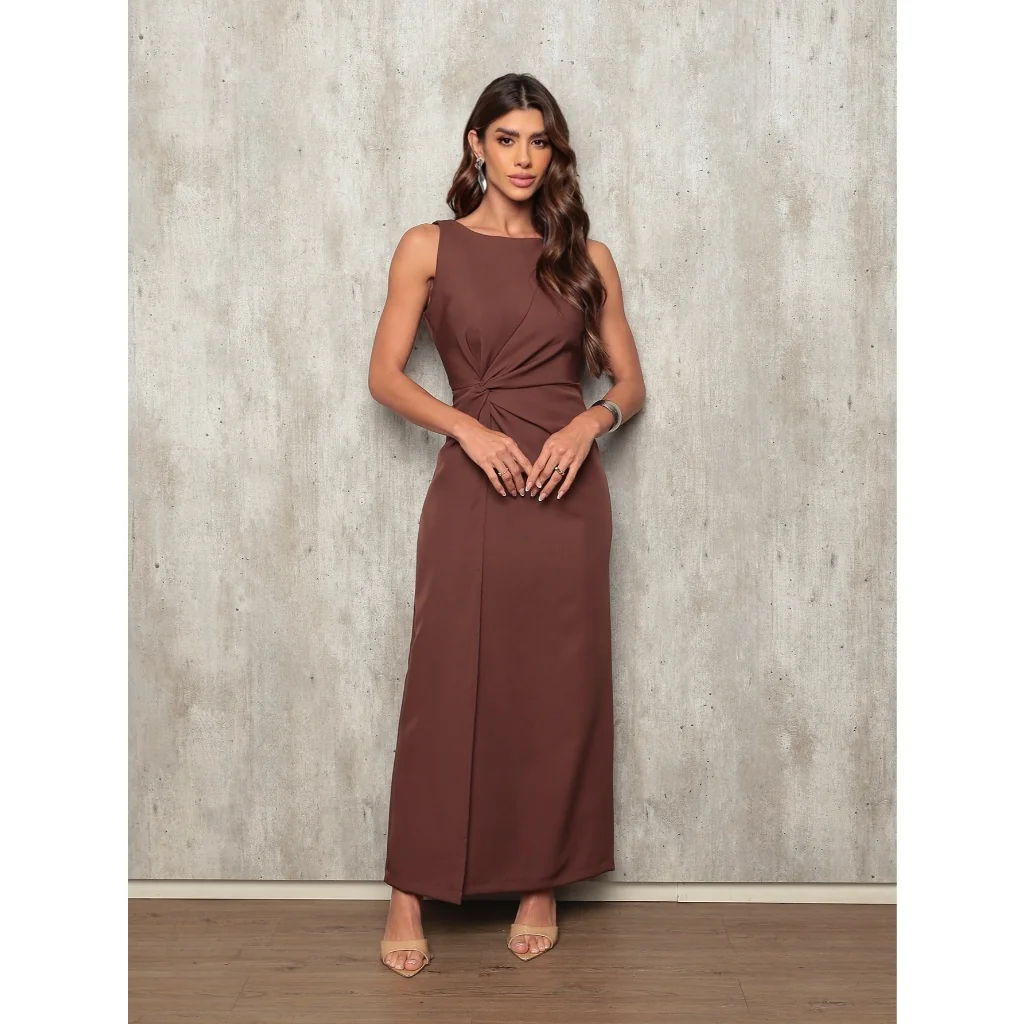 Vestido longo elegante transpassado com nó fenda atras