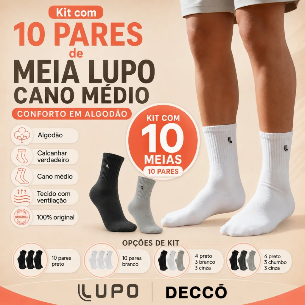 Kit De 10 Pares De Meias Lupo Cano Médio Unissex Em Algodão Tamanho 37 ao 44