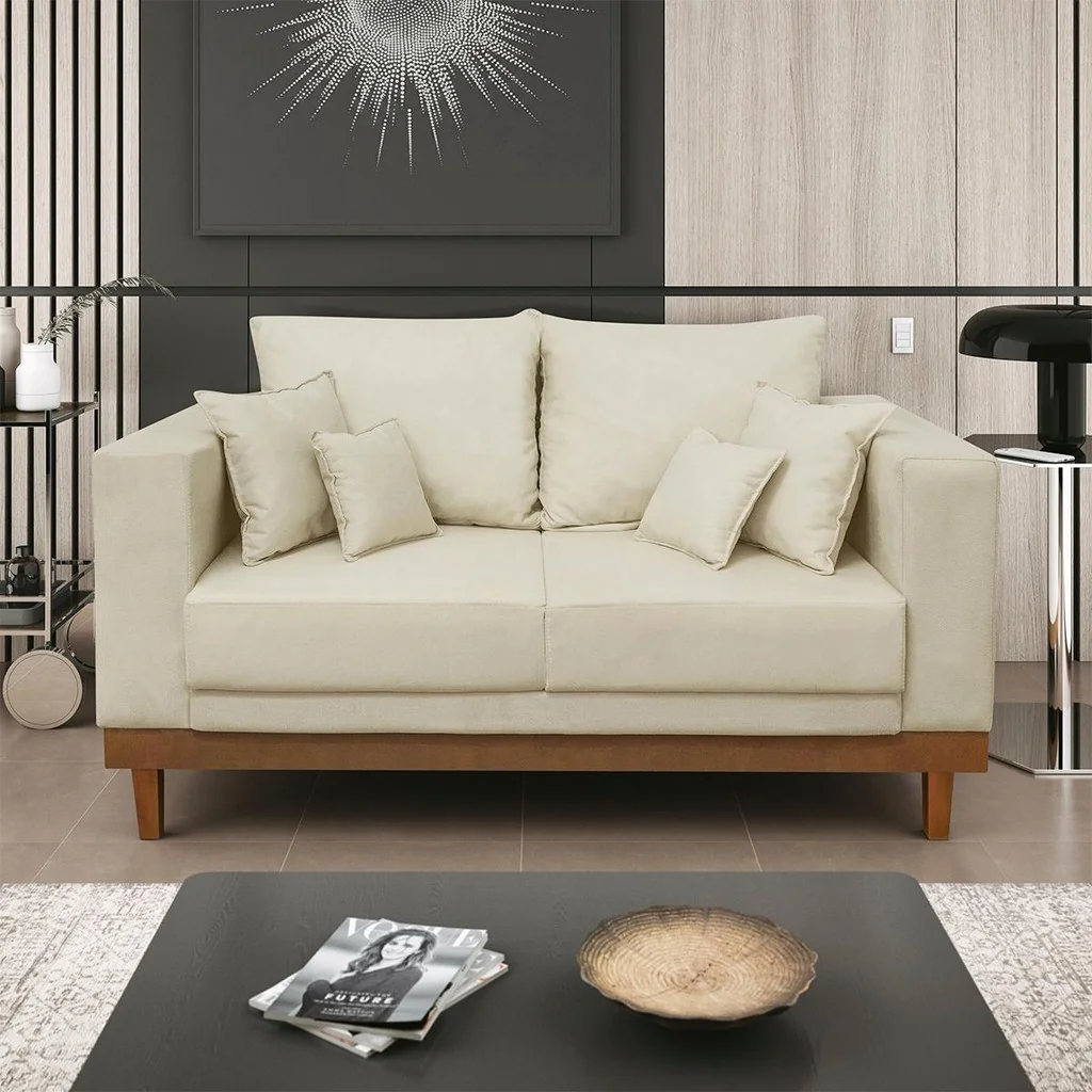 Sofá 2 Lugar Base Reforçada Madeira Tecido Suede + Almofada