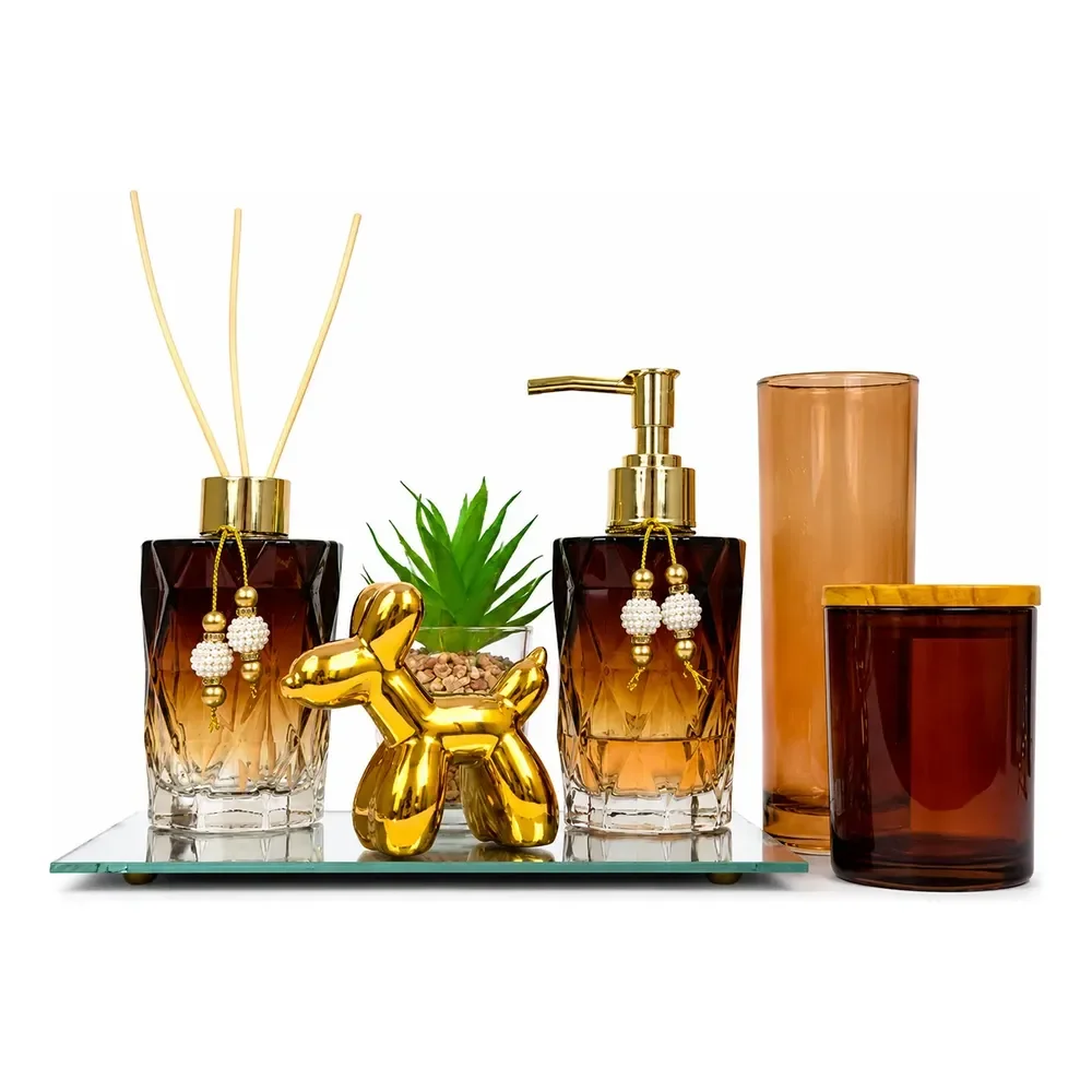 Kit Lavabo Diamantado De Vidro C/ Difusor Porta Escova Kit Lavabo D. Âmbar 10 Peças