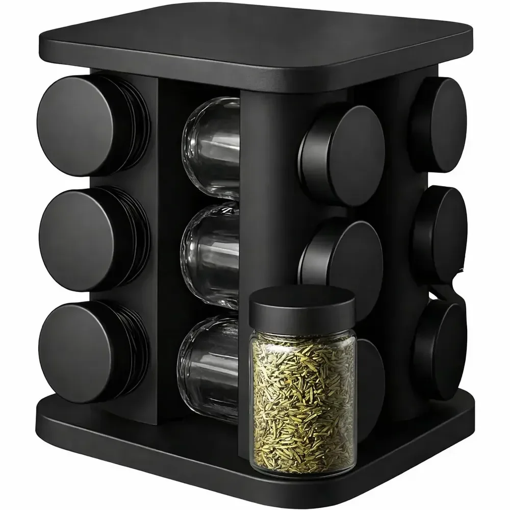 Porta Temperos Giratório 360° 12 Potes Vidro 85ml Tampa Inox Organizador Condimentos Cozinha Suporte Temperos Bancada Mesa Porta Condimento Premium Preto