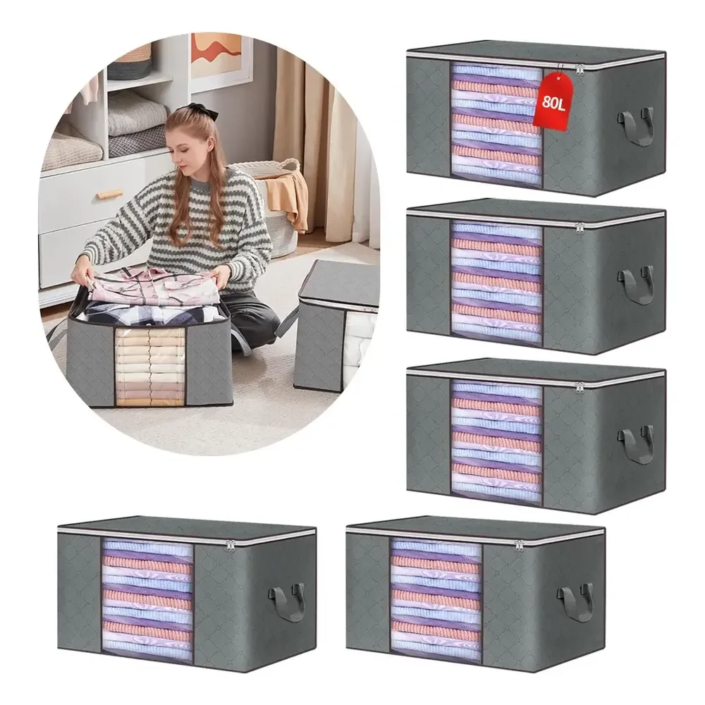Kit5 Saco Organizador Edredom Roupa Cobertor Multiuso Grande Cor Cinza-escuro Lisa