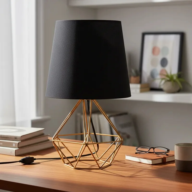 Abajur Luminária de Mesa Base Diamante Aramado C/ Cúpula Tecido Bivolt
