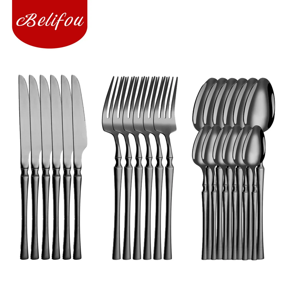 Belifou Kit 24 Jogo De Talheres Aço Inoxidável Cintura Fina Preto