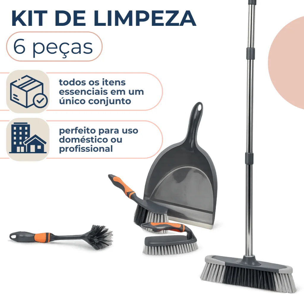 Kit Limpeza Completo 6 Peças Vassoura Cabo Inox Acessórios de Limpeza