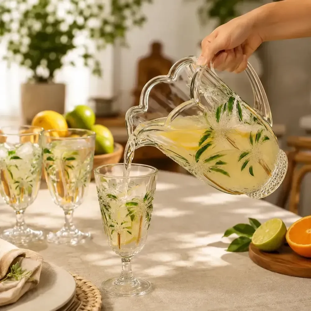 Conjunto Jarra Palmeiras 1,5l + 6 Taças De Vidro Para Drinks Transparente