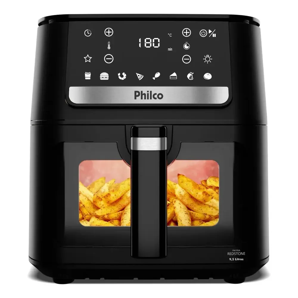 Air Fryer Philco 9,5l Visor Glass Redstone 1800w Paf95a Preto Com Acabamento Inox 220v