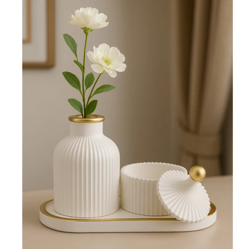 Kit Decorativo com Detalhe Dourado 3 Peças Vaso Bandeja e Porta Objetos