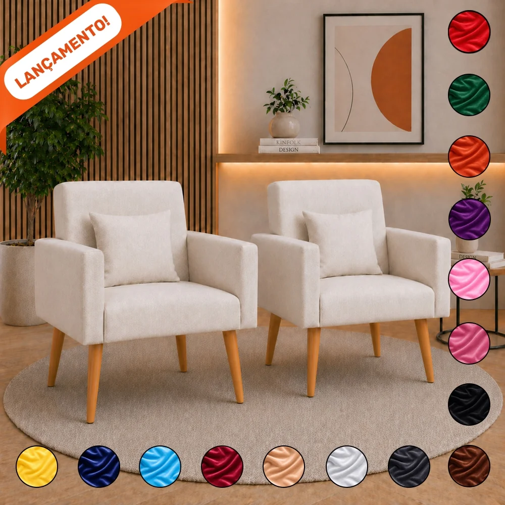 Kit 02 Poltronas para Sala Decorativa Nina com Almofada Pés Palito Suede Aninha Poltronas