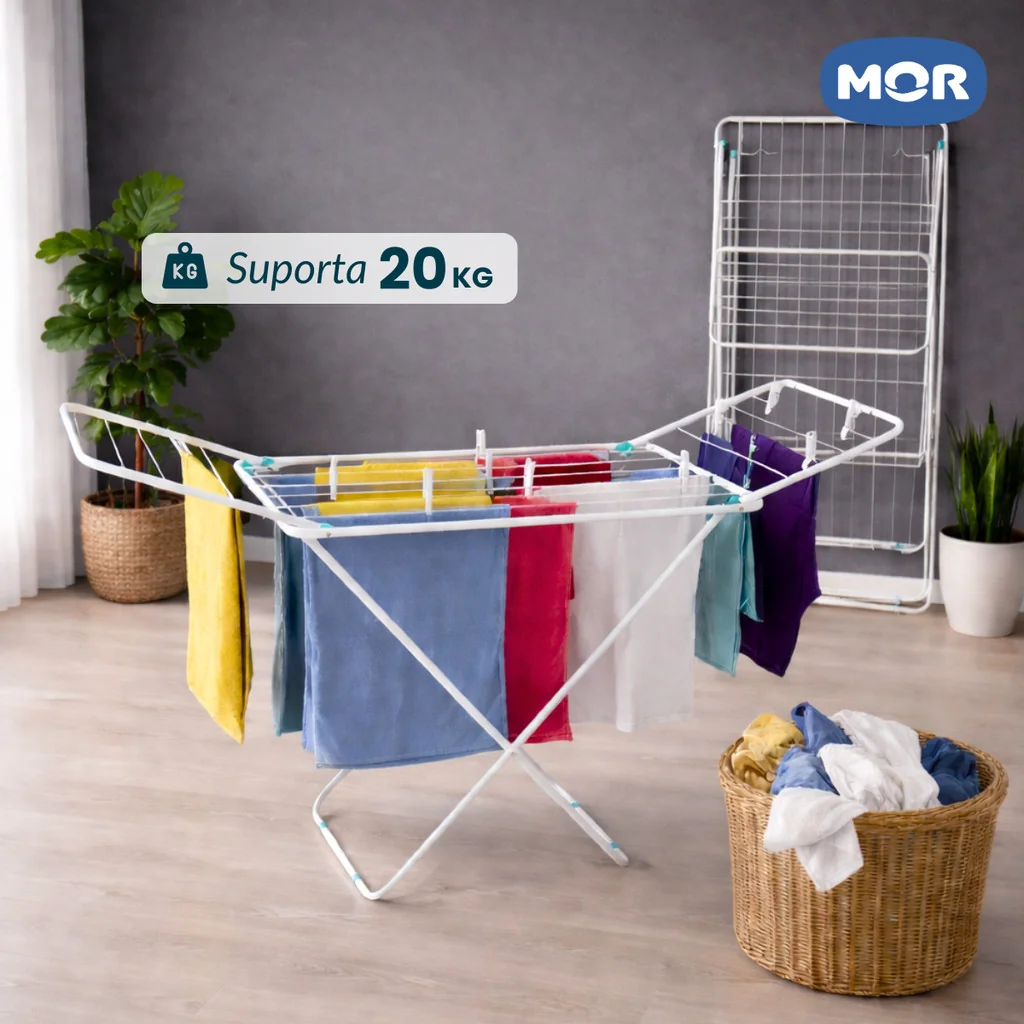 Varal De Chão Reforçado C/abas Dobrável Retrátil Slim Mor Cor Branco