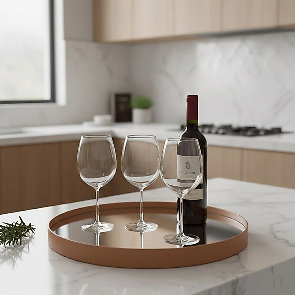 Bandeja Espelhada 30cm Redonda Couro Ecológico Caramelo Estilo Premium