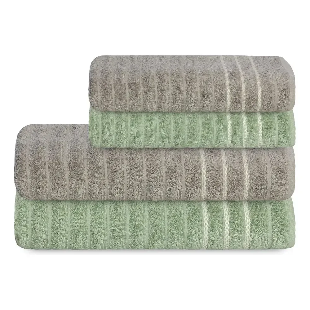 Jogo Toalha Oceane 450g/m² 4pç 2 Banho 2 Rosto Camesa Bege Com Verde Lisa