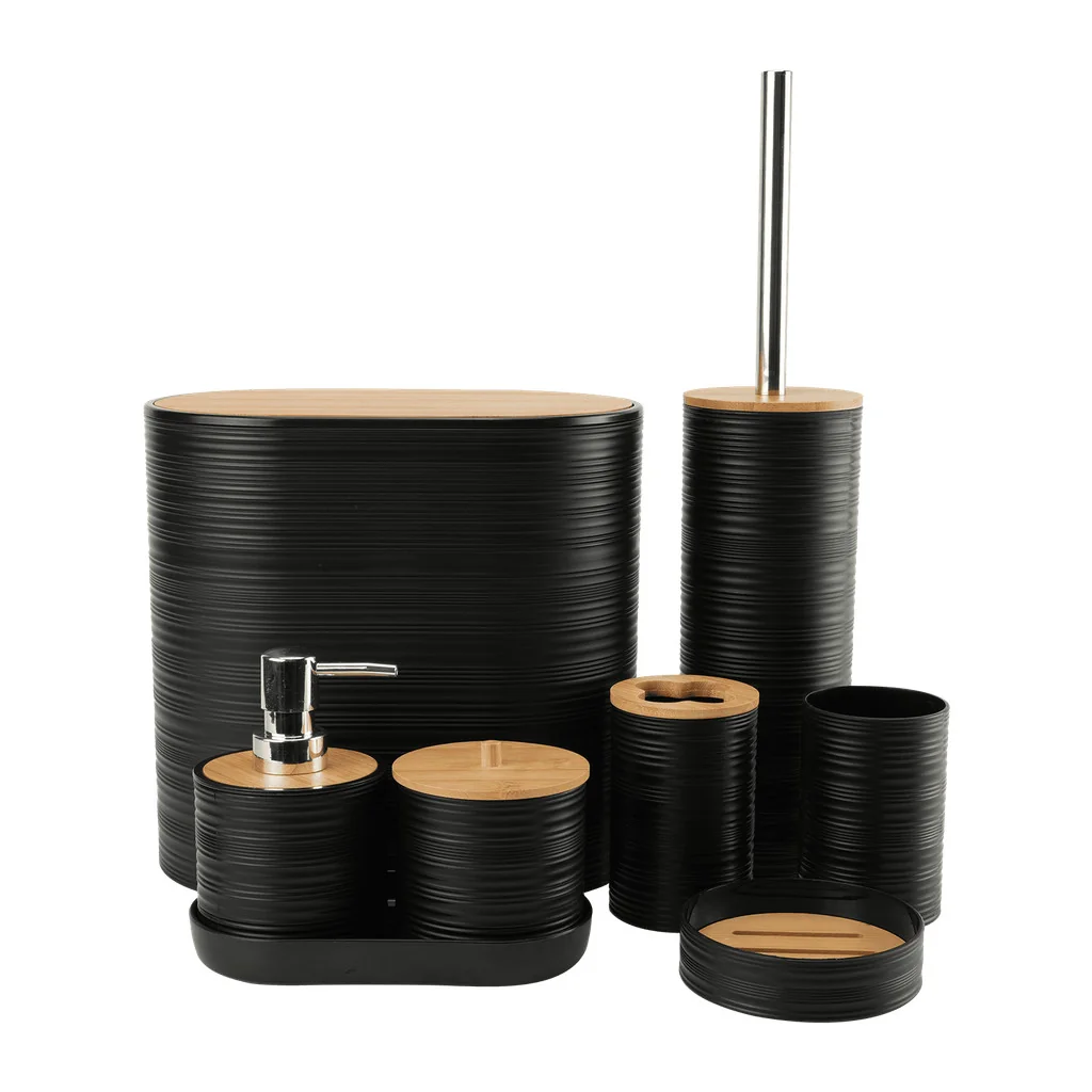 Conjunto Banheiro 8 Peças Bambu Plástico Premium Organizador