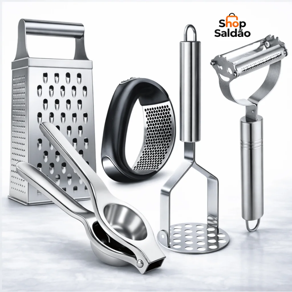Kit Utensílios Inox 3 ou 5 Peças – Amassador, Espremedor, Descascador e Mais (Escolha a Variação)