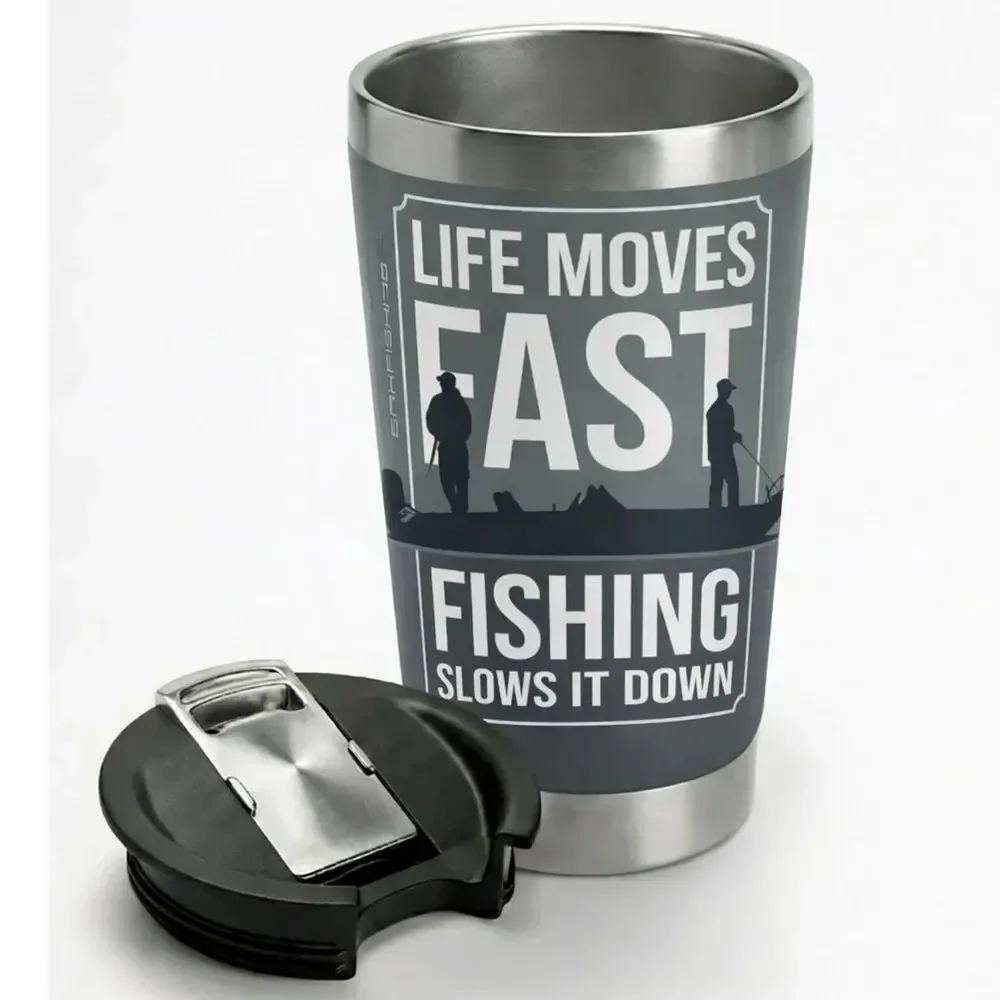 Copo Térmico Com Tampa Brk Life Moves Fast Inox Gelado 473ml Cinza-escuro