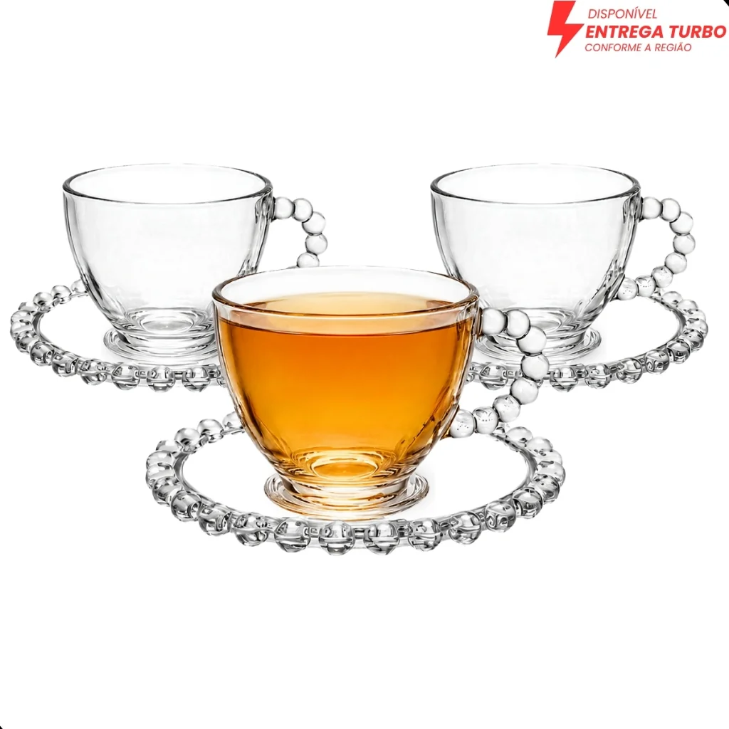 Jogo Xícara de Vidro 220ml com Pires 6 Xícaras Café Elegante Bolinhas Pérola