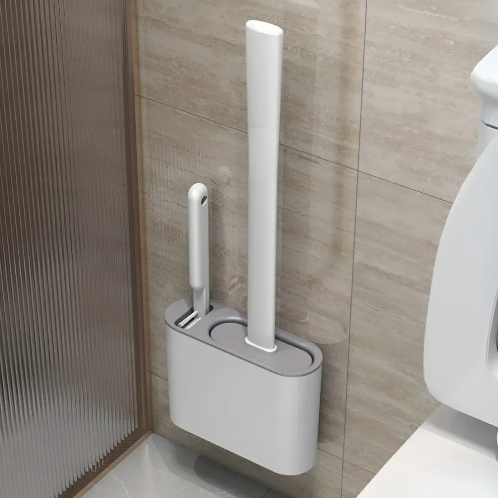 Escova De Silicone Para Vaso Sanitário 2 Em 1 Base De Banheiro Branco Preto